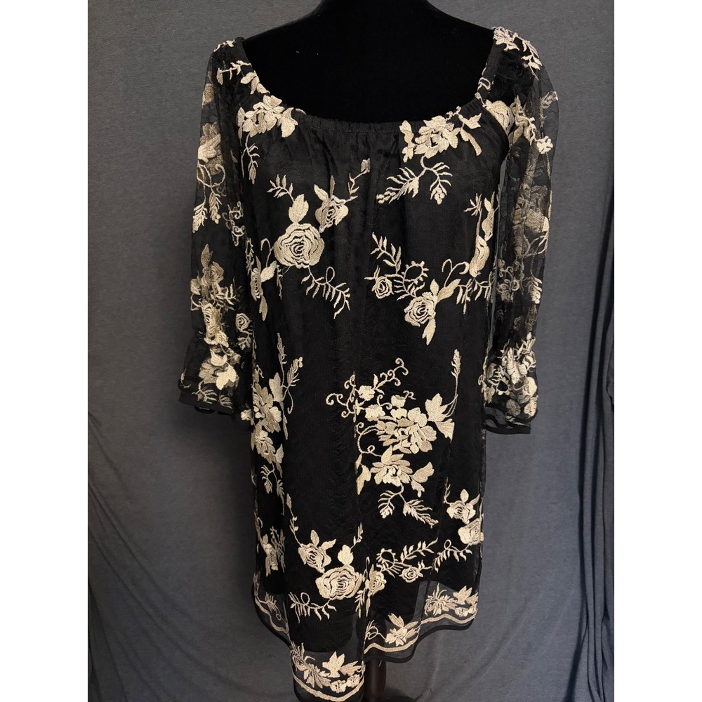 Voom by Joy Han Black Embroidered Sheer Sleeve Dress M Empire Waist Whimsy Goth